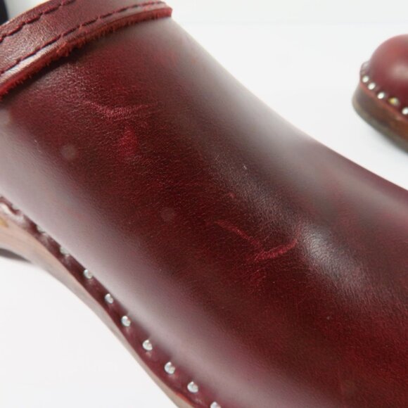 Troentorp Kahlo Wooden Clogs Women’s Size EU 39 US 8.5 Bordeaux Pull Up Leather - Picture 9 of 14
